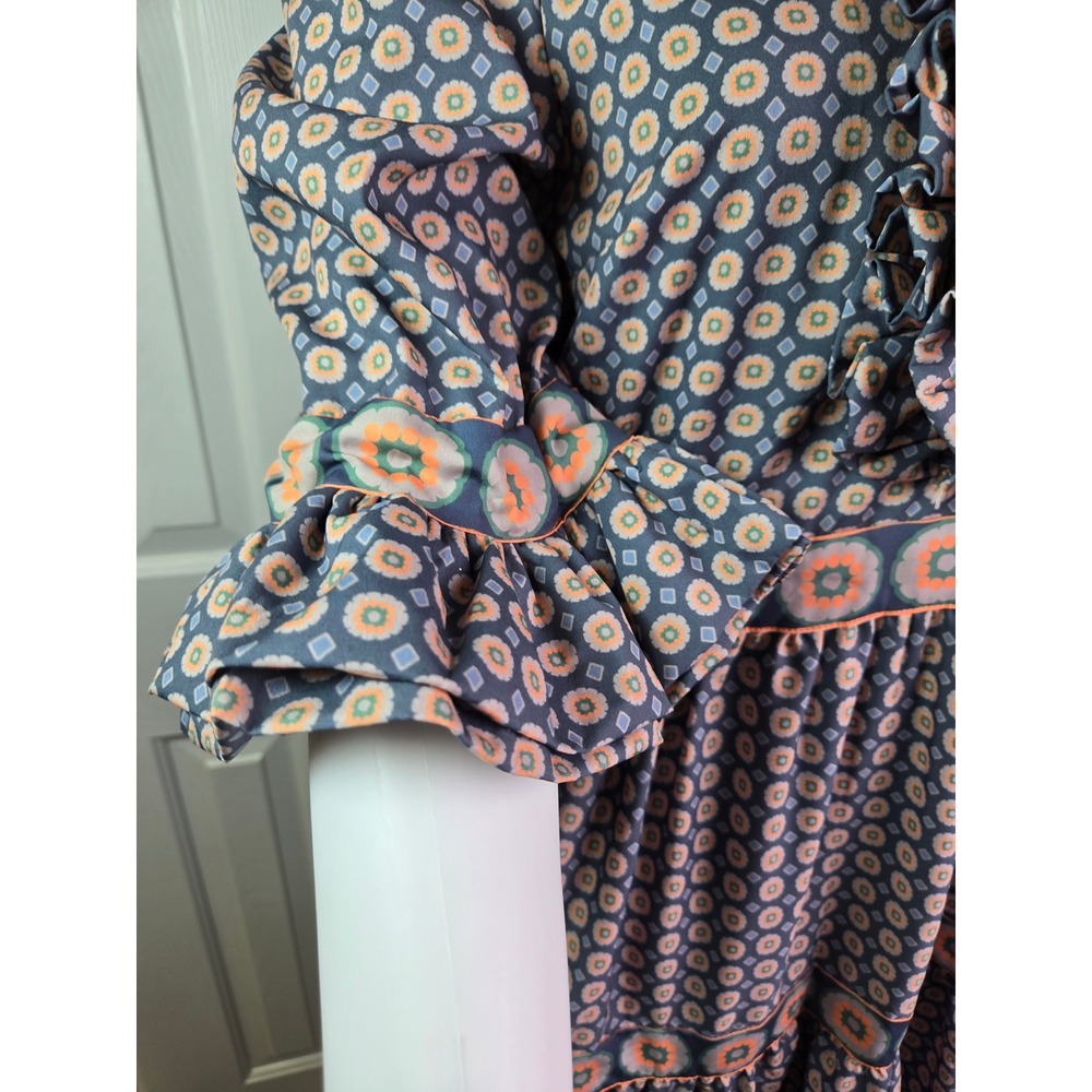 Gretchen Scott Ruffle Collar Tiered Maxi Dress‎ Blue Orange Geometric Floral S - Picture 4 of 12